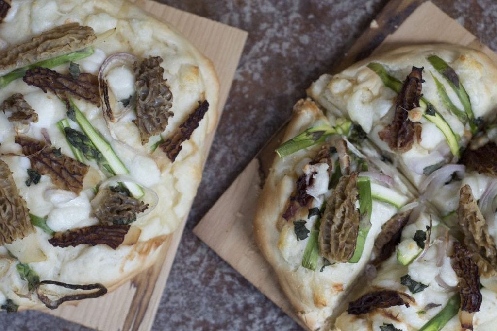 Grilled Cedar Planked Pizza with Morels and Asparagus