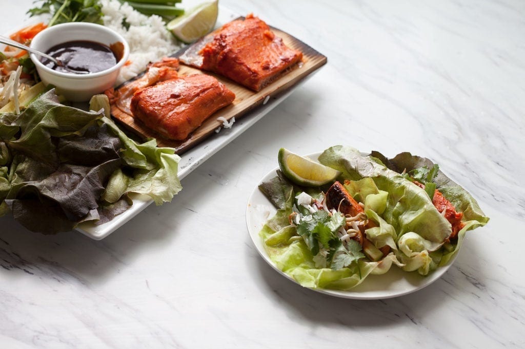 Gochujang Cedar Planked Salmon Lettuce Wraps