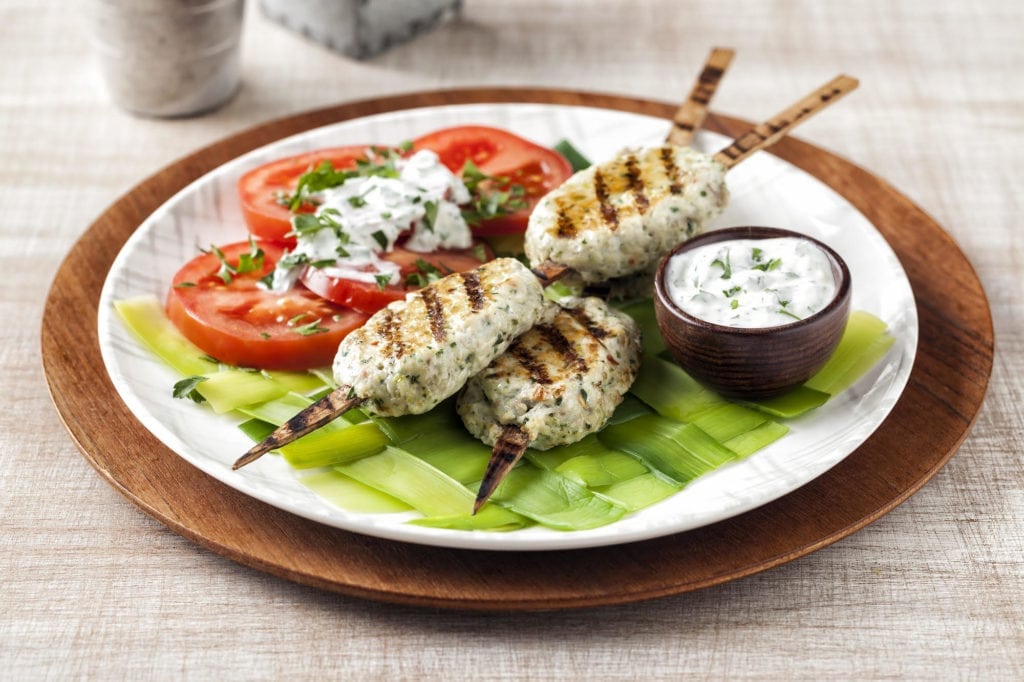 Rainbow Trout and Green Olive Skewers with Cucumber Dill Sauce